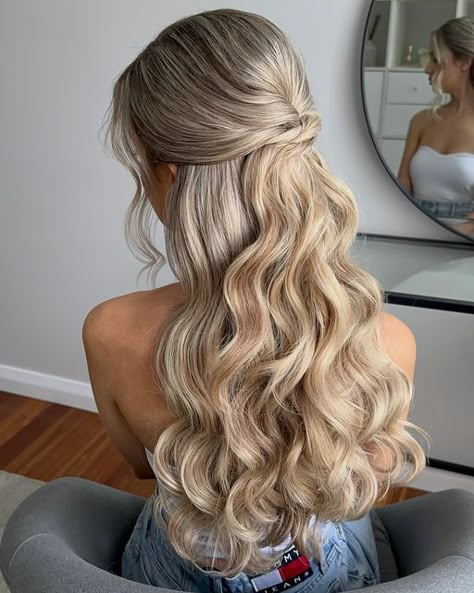 Sydney Bridal Hairstylist on Instagram: "Finishing bridal work for 2023 with bridal trial on this gorgeous blonde hair ✨  I added a 5 piece clip in extensions set from @zala_hair_extensions  in honey beach blonde colour, 20” length for extra volume and curl longevity   ⬅️ for a 🎥  #weddinghairstyle #weddinghairstylist #weddinghairstyles #weddinghairideas #weddinghairinspo #bridehairstyle #bridehairstyles #bridalhair #bridalhairstylist #bridalhairstyle #bridalhairstyles #bridalhairinspo #bridesmaidhair #bridesmaidhairstyle #bridesmaids #sydneybrides #sydneyweddings #sydneyweddinghair #sydneybridalhair #sydneyhairstylist #texturedwaves #bohohair #bohohairstyle #softwaves #wavyhair #halfuphairstyle #halfuphalfdownhairstyle #halfuphair" Homecoming Hair Inspo Down, Bridesmaids Wedding Hair, Hair Down Wedding Curls, Prom Hairstyles Curled Hair, Elegant Hairstyles Blonde, Bridal Hair With Clip In Extensions, Wedding Hair Volume Curls, Blonde Hair Down Wedding, Blonde Hair Prom Hairstyles