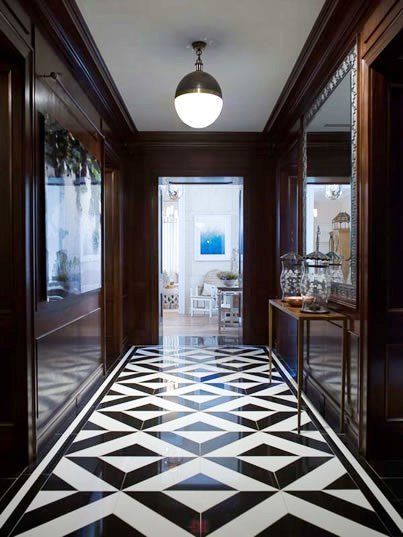 phoebe howard black white diamond marble floor entrance hall entryway mahogany wood paneled Black And White Hallway, Black And White Flooring, White Flooring, Art Deco Floor, White Hallway, Modern Flooring, Hallway Flooring, Floor Tile Design, Patterned Floor Tiles