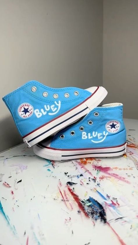 Teeny tiny toddler sneaks 🥹❤️😭 so so cute! | Brush Me Off | Bluey · Bluey Theme Tune Bluey Bingo Shoes Diy, Bluey Shoes Diy, Bluey Converse, Bluey Clothing, Bluey Painting, Cricut Shoes, Bluey Shoes, Bluey Merch, Bluey Diy