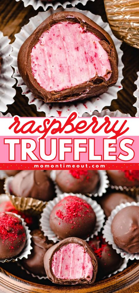 Make the best Valentine's Day recipe starting with these quick and easy Raspberry Truffles! These homemade truffles have a white chocolate raspberry center and rich chocolate coating. Add them to your favorite Valentine's Day dessert ideas! Raspberry Truffles Easy, Dark Chocolate Raspberry Truffles, Dark Chocolate Raspberry Cookies, Raspberry Fudge Recipe, Raspberry Truffles Recipe, Raspberry Bonbons, Haunted Chocolatier, Raspberry Truffle Cheesecake, Valentine Truffles