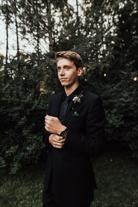 Groom All Black Attire, Grooms Tux Ideas Black, All Black Wedding Suits Men, Black And Dark Green Groomsmen, Dark Green And Black Groom Suit, Mens All Black Suit Wedding, Full Black Tuxedo Wedding, Full Black Groom Suit, All Black Groom Attire Wedding