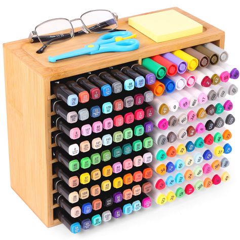 PRICES MAY VARY. NATURAL SOLID WOOD: The marker holder is carefully crafted from bamboo wood, a high-quality storage solution, it is sturdy, durable, easy to clean and environmentally friendly, ensuring that artists can use it for a long time. LARGE STORAGE: This marker storage box has 18 compartments, can hold up to 126-144 markers. Keep your marker storage organizer, clean and tidy, ready for use at any time. It is perfect for painters, designers, teachers, students, anyone who wants to keep t Marker Organizer Diy, Craft Supplies Organization, Marker Organizer, Marker Holder, Home Classroom, Marker Storage, Organize Craft Supplies, Pen Storage, Desk Supplies