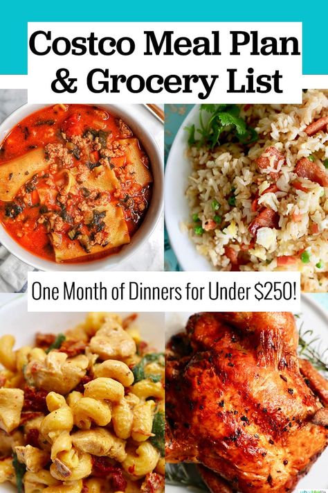 Ever wish you could make your groceries last longer? This Costco Meal Plan and grocery list will help you make enough dinners for a family of four for one month for under $250! #costco #mealplan #mealplanning #mealprep #groceryshopping #cookingtips #recipes #mealpreptips #costcofood #groceries #smartshopping #mealplanningrecipes Grocery Outlet Meal Plan, Meal Plan For A Month On A Budget, Easy Dinner Grocery List, Costco Food Recipes, Costco Freezer Meal Plan, Grocery List For Meal Prep, Costco Monthly Meal Plan, Sample Weekly Meal Plan Families, Sams Club Meal Plan Healthy