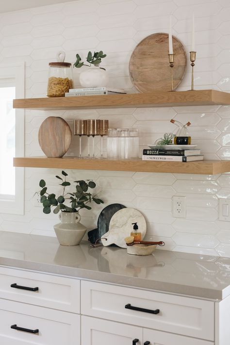 Kitchen Accent Shelves, Neutral Kitchen Shelf Decor, Open Shelving In The Kitchen Minimalist, 2 Floating Shelves Kitchen, Kitchen Open Shelving Decor Modern, Shelf’s In Kitchen, Kitchen Shelves Styling Ideas, Exposed Kitchen Shelves Decor, Floating Shelf Styling Kitchen