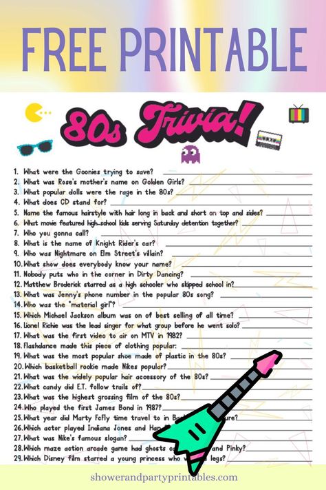 Instant download of a free 80s trivia questions and answers printable to play at an 80s party or just for fun! 40th Birthday Trivia Game, 80’s Theme Party Games, 80s Party Snacks Finger Foods, Free Printable Games For Adults, 80s Birthday Party Theme, 80s Theme Birthday Party, 80s Gala, 80s Birthday Party Ideas, 80s Trivia