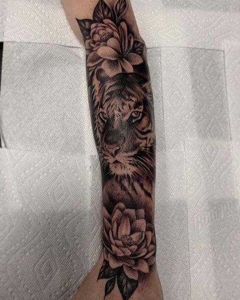 Tiger On Forearm Tattoo, Tiger Elephant Tattoo, Tiger Arm Sleeve Tattoo, Tiger Forearm Tattoo Women, Tiger Half Sleeve Tattoo, Tiger Flower Tattoo, Tiger With Flowers Tattoo, Mental Crisis, Tiger Forearm Tattoo