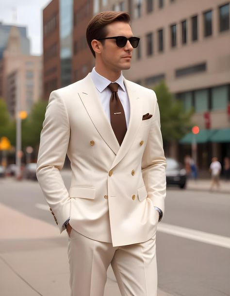 "PLEASE CHECK SIZE CHART CAREFULLY BEFORE PLACING ORDER" Elevate your style with LavidesignCo's Customized Men's Stylish Off White double breasted Suit. This meticulously tailored suit is designed to offer an impeccable fit and a sophisticated look, making it ideal for a wide range of events. ◼ Key Features: 1.  Tailored Fit:  Expertly sharp and feel crafted for a flattering, tailored fit that      ensures you look comfortable  2. Premium Quality Fabric:  Made from high-quality viscose, this suit provides      a luxurious feel and refined appearance 3. Stylish Design:  The classic Off White color and modern design make this suit a      versatile addition to your wardrobe, perfect for both formal and semi-      formal occasions. 4. Complete 2-Piece Set:  Includes a jacket and trousers, prov Double Breasted Groomsmen Suits, Men’s Off White Suit, Beige Costume Men, Mens White Suit Wedding, Mens Double Breasted Suit Wedding, Spring Wedding Men’s Suit, Men’s White Suit, 3 Piece Suits For Men Stylish, Mens Suits Style Modern Fashion Looks