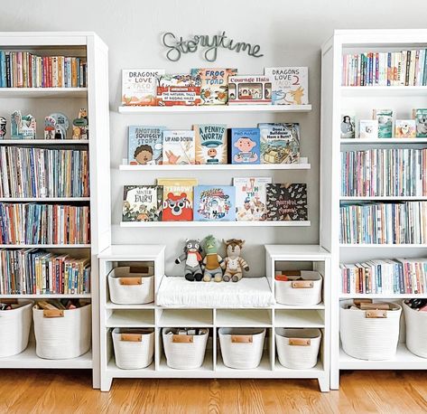 Wall Bookshelves Kids, Shared Girls Bedroom, Baby Playroom, Cool Kids Rooms, Playroom Storage, Bookshelves Kids, Playroom Wall, Basement Decor