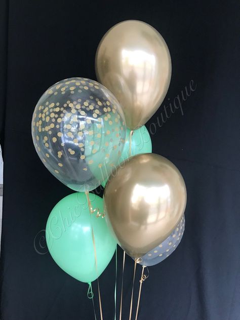 "This Bouquet of Gold Confetti Mint Green Balloons is Perfect as Baby Shower Balloons, Birthday Balloons & Wedding Decorations. From a Lovely Garden Party theme to a chic Boho Wedding these Balloons will surely be pleasing. This listing is for: 6 pack of 11\" Balloons  2- Chrome gold 2- Mint green 2- Clear with gold confetti print Balloon size is 11\" suggested inflate size to 10\" (the balloon should look similar to the picture if there is a neck forming on the balloon it is inflated to far and Mint Green Birthday, Chic Boho Wedding, Green Balloons, Shower Balloons, Wedding Balloon Decorations, Outdoor Baby Shower, Green Baby Shower, Gold Confetti Balloons, Bridal Shower Decor