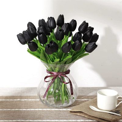 Tulips artificial flowers are petal texture clear natural, soft thick and elastic texture, delicate and realistic texture. The stems and leaves are emerald green, the flowers are bright, exuding a strong breath of love and life. Flowers/Leaves Color: Black | Primrue Tulips Artificial Flowers 20 Pcs Fake Tulips Real Touch Artificial Tulip PU Faux Tulips Fake Flowers | Wayfair Black Tulip Bouquet, Tulips Black, Fake Tulips, Faux Tulips, Goth Garden, Romanticising Life, Black Tulips, Tulip Bouquet, Black Goth