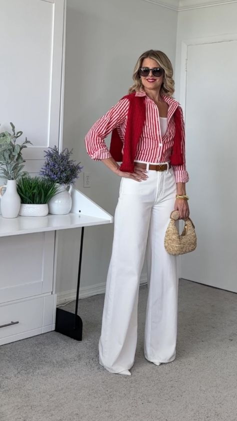 Women's High Rise Wide Leg Jean curated on LTK Red Outfit Women Casual, Red White Outfits For Women, Red And White Casual Outfit, 2024 Looks Women, Work Outfits Colorful, White Bottoms Outfit, Red And White Outfit Classy, Red Wide Leg Pants Outfit, Red Work Outfit