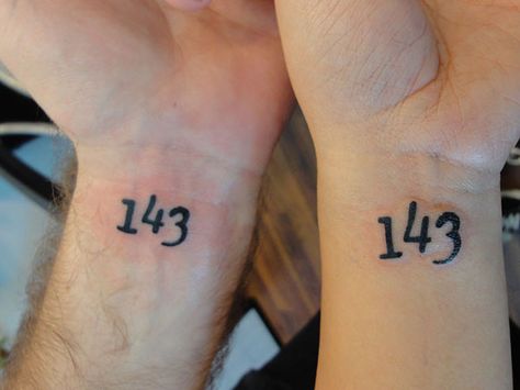 Design- 143 (girls)  Meaning- Stands for "I love you"  Placement- left ring finger 143 Tattoo Ideas, Cousins Tattoos, 143 Tattoo, Memorial Tattoos Mom, Cousin Tattoos, Matching Tats, Love Yourself Tattoo, Son Tattoo, Polka Tattoo