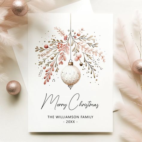 Discover a touch of elegance and festive charm with our Watercolor Christmas Bauble Card. The soft pastel hues of pink and tender greenery adorn a classic Christmas bauble, beautifully capturing the spirit of the holiday season. This flat card offers a quaint and whimsical way to extend your warmest holiday wishes. Ideal for those who appreciate a vintage aesthetic intertwined with modern simplicity. The gentle watercolor texture provides a delicate and authentic feel, making each greeting feel Card Diy Ideas, Christmas Card Diy, Watercolor Christmas Cards Diy, Painted Christmas Cards, Christmas Card Art, Craft Christmas, Card Watercolor, Watercolor Card, 카드 디자인