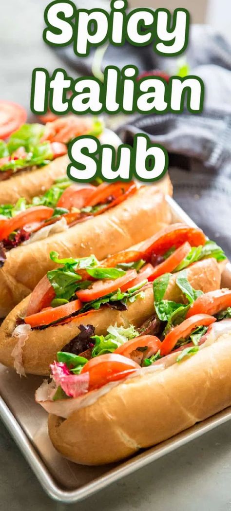 Spicy Italian subs are the perfect game day sandwich! Deli meat and provolone cheese are piled high in these thick and flavorful spicy Italian sub sandwiches! Deli Sandwiches Recipes, Italian Sandwich Recipes, Italian Sub Sandwich, Italian Subs, Hoagie Sandwiches, Waffle Cone Recipe, Sub Sandwich, Italian Sub, Italian Sandwich