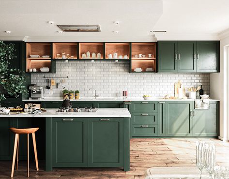 Green Kitchen Designs, Dark Green Kitchen, Scandinavian Kitchen Design, Green Kitchen Cabinets, Kitchen Design Trends, Green Cabinets, Scandinavian Kitchen, Boho Kitchen, Kitchen Inspiration Design