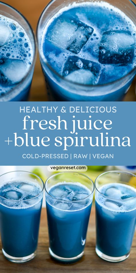 This refreshing, nutritious, and delicious Blue Superfood Juice will make you glow from the inside out 💙 This blue beauty not only tastes great, it's also vegan, packed with essential nutrients, and perfect for a healthy juice cleanse or quick detox. Blue spirulina gives it its natural and vibrant color, plus some added health boosting benefits. Get this cold pressed juice recipe on the blog now:) Nectarine Juicing Recipe, Juice For Aching Joints, Superfood Juice Recipes, Cold Juice Recipes, Hamilton Beach Big Mouth Juicer Recipes, Inflammation Juicing Recipes, Blue Spirulina Drink Recipes, Low Sugar Juice Recipes, Spirulina Juice Recipes