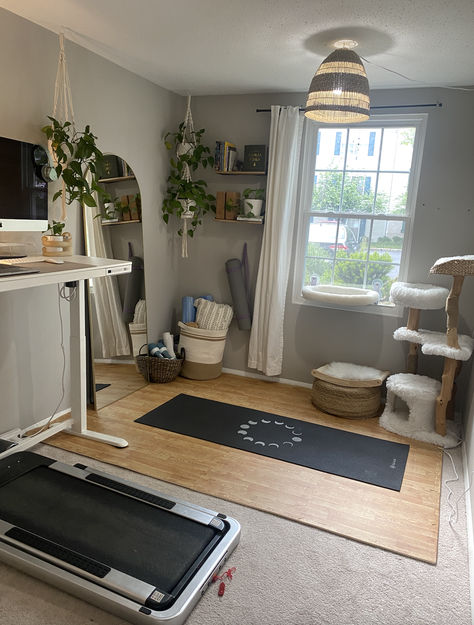 I wanted to create an office space where I could both work and workout. I love my standing desk and walking pad but wanted a space where I could stretch, strength train and practice yoga. Of course I had to make it Kikko friendly, so I added a cat tree & perch so she can be always keep a watchful eye :) Craft And Workout Room Ideas, Yoga Space In Basement, Workout Room With Carpet, Office With Workout Space, Workout Room In Bedroom, Gym Corner In Living Room, Office With Walking Pad, Walking Desk Aesthetic, She Shed Yoga Studio