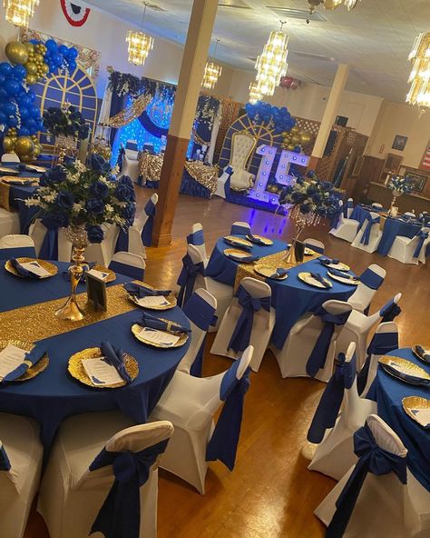 set up | Instagram Royal Blue And Gold Table Setting, Quince Set Up, Royal Blue And Gold Quinceanera Theme, Royal Blue Table Setting, Royal Blue And Gold Quince, Blue And Gold Table Setting, Royal Blue Quinceanera Theme, Royal Blue And Gold Quinceanera, Blue Quinceanera Ideas