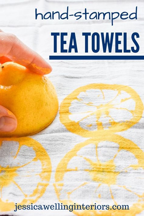 Stamp On Fabric Diy, Fruit Stamped Tea Towels, Hand Painted Tea Towels Diy, Diy Printed Tea Towels, Tea Towel Printing Diy, Flour Sack Dish Towels Diy, Painted Flour Sack Towels Diy, Block Print Dish Towel, Stamping Tea Towels Diy