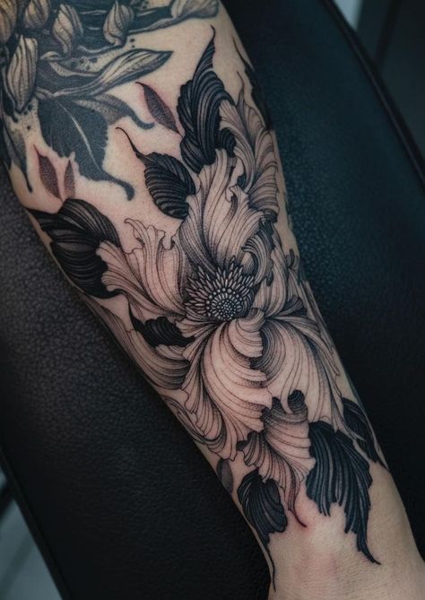 Autumn Botanical Tattoo, Best Female Tattoos Unique, Creepy Flower Tattoos, Dark Feminine Tattoos Half Sleeves, Dark Flowers Tattoo, Plants Tattoo Design, Botanical Sleeve Tattoo, White Flower Tattoo, Dark Floral Tattoo