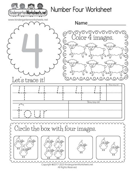 This worksheet is designed to assist students in learning the number four. It requires children to trace and write both the numeral and the corresponding word, accurately color a certain number of sheep, and correctly identify the number of chickens that corresponds to this number. Number 4 Worksheet Kindergarten, Educational Activities For 4yrs Old, Number 4 Worksheets For Preschool, Number 4 Worksheet, Morning Work Preschool, Number Activities Kindergarten, Printable Worksheets For Kindergarten, Number Worksheets Kindergarten, Kindergarten Math Free