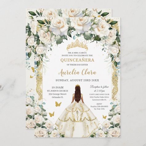 Champagne Gold Dress, Champagne Ball Gown, Champagne Flowers, Dress Quinceanera, Ros Gold, 16th Birthday Invitations, Quinceanera Ideas, Champagne Dress, Ivory Roses