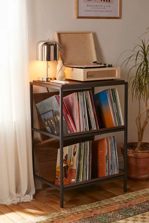 Vinyl Record Room, Urban Outfitters Bedroom, Vinyl Shelf, Record Room, Record Shelf, Sleek Storage, Vinyl Record Storage, Vinyl Storage, Apartment Essentials