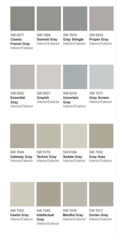 SHERWIN WILLIAMS  Shades_of_gray Chart1                                                                                                                                                                                 More Exterior Paint Sherwin Williams, French Grey Interiors, Shades Of Grey Paint, Shades Of Gray Color, Bathroom Cabinet Colors, Interior Paint Colors For Living Room, Goth Room, Blue Gray Paint Colors, Interior Paint Colors Schemes