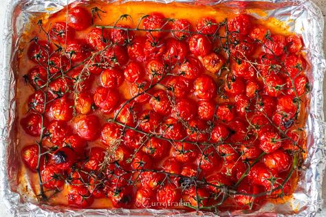 roasted cherry tomatoes in the oven. Roasting Cherry Tomatoes In Oven, Roasted Cherry Tomatoes Oven, Roasted Cherry Tomatoes Pasta, Tomatoes In Oven, Roasting Cherry Tomatoes, Cherry Tomatoes Pasta, Summer Tomato Recipe, Oven Roasted Cherry Tomatoes, Tomato Basil Salad