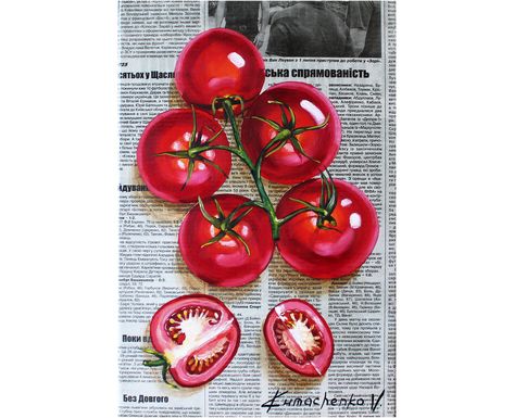 Tomatoes Painting Acrylic, Italian Food Painting, Tomatoes Painting, Painted Vegetables, Tomato Painting, Painting On Newspaper, Tomato Oil, Tomato Art, Newspaper Painting