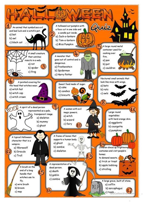 Halloween quiz - English ESL Worksheets Halloween Esl Games, Halloween Esl, Halloween Elementary, Halloween Quiz, Halloween Teaching, Halloween Vocabulary, Halloween Lesson, Halloween Reading, Halloween Worksheets