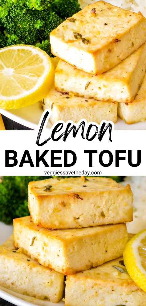 Lemon Baked Tofu is loaded with Mediterranean flavor from lemon, garlic, and thyme. This easy vegan entree pairs perfectly with your favorite grains and vegetables for a satisfying and delicious meal. Easy Delicious Vegan Meals, Bake Tofu, Lemon Garlic Tofu, Lemon Tofu Recipes, Raw Tofu Recipes, Easy Veggie Dinner, Baked Vegan Recipes, Lemon Tofu, Mediterranean Tofu