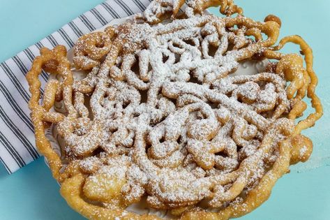 Funnel cake with powdered sugar on blue background Easy Funnel Cake, Pancake Mix Uses, Pie Eating Contest, Funnel Cake Recipe, Copykat Recipes, Mouthwatering Recipes, Funnel Cake, Pancake Mix, Recipe Board