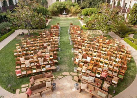 Wedding Ceremony Seating, Mismatched Dining Chairs, Mismatched Chairs, Ceremony Chairs, Wedding Aisle Decorations, Wooden Chairs, Ceremony Seating, Future Wedding Plans, Aisle Decor