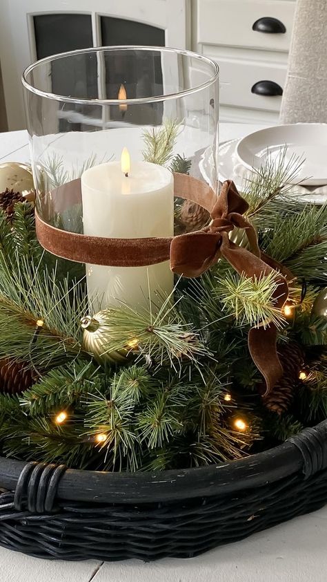 34K views · 486 shares | Here’s an easy holiday centerpiece idea using a large tray, wreath, glass vase, flameless candle, battery operated twinkle lights, some ornaments and velvet ribbon. . . #christmasdecor #christmasdecorating #christmascenterpiece #christmasideas | Jennifer Dempsey | Michael Bublé · Holly Jolly Christmas Glass Vase Christmas Decor, Candle Tray Decor, Christmas Candle Centerpiece, Christmas Dining Table Decor, Holiday Table Centerpieces, Lighted Centerpieces, Christmas Dining Table, Christmas Candle Decorations, 2024 Ideas