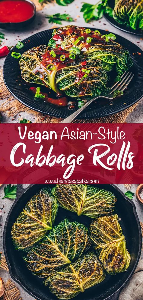 This is an easy vegan and Asian take on Grandma’s popular stuffed cabbage rolls recipe! They’re loaded with healthy veggies, vegan minced meat, rice, and seasonings, then served with spicy sweet-sour sauce. Use savoy, white or Chinese napa cabbage to make these delicious veggie rolls that will surely be loved by vegans, vegetarians, and non-vegans alike! #cabbage #cabbagerolls #asianrecipe #recipe #vegan #veganfood #food #recipe #vegetarian | biancazapatka.com German Cabbage Rolls, Vegan Cabbage Recipes, German Cabbage, Stuffed Cabbage Rolls Recipe, Napa Cabbage Recipes, Vegan Cabbage Rolls, Asian Cabbage, Vegan Cabbage, Nora Cooks