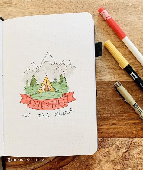 Camping Doodles, Camping Bujo Theme, Camping Bullet Journal, Bullet Journal Camping Theme, Camping Journal, Summer Journal, Bullet Journal Quotes, Bullet Journal Key, Faux Calligraphy