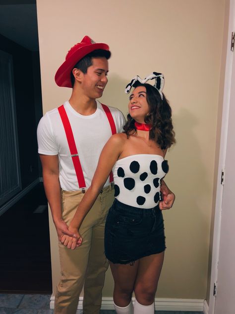 Dalmatian And Fire Fighter Couples Costume, Firefighter And Dog Costume Couple, Fireman And Dalmatian Costume Couple, Dalmatian And Firefighter Costume, Firefighter And Dalmatian Costume Couple, Firefighter Couple Costume, Halloween Couples Costume, Costume Couples, Easy College Halloween Costumes