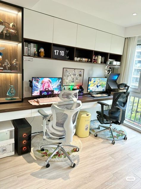 [PaidLink] 53 Couples Gaming Room Setup Guides You'll Be Glad You Discovered This Winter #couplesgamingroomsetup 2 Person Gaming Desk Setup, His And Hers Battlestations, Couples Study Room, Couple Office Room, 2 Person Desk Setup, 2 Person Gaming Setup, His And Her Office Space Home Couple, Two Person Gaming Setup, Shared Gaming Room