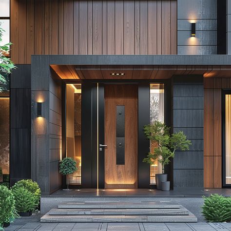 Modern Porch Ideas Entrance, Front Door Decor Ideas Entrance, Manson House, Front Door Decor Ideas, Door Lighting, Aluminium Glass Door, Door Decor Ideas, Front Door Lighting, House Front Door Design