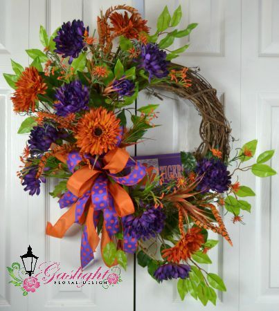 Clemson Crafts, Clemson Wreath, Purple Dahlias, Lily Wreath, Tailgate Ideas, Orange Gerbera, Crafts Wreaths, Christmas Florals, Football Decor