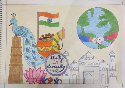 Unity In Diversity Poster India, Diversity Drawing, Cleaning Drawing, Pencil Colour Painting, Diversity Poster, Unity In Diversity, Colour Painting, Poster Drawing, Bullet Journal Design Ideas