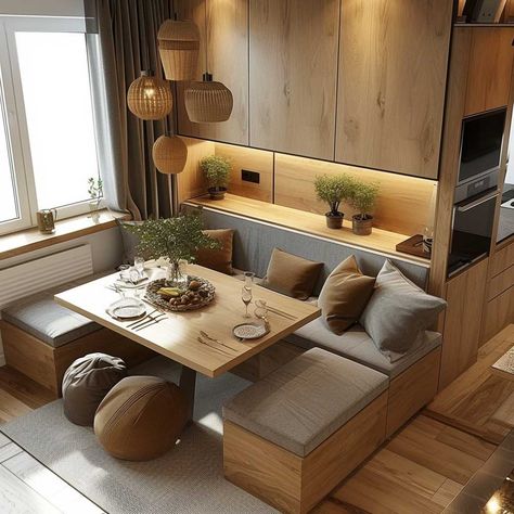 Compact Kitchen Living Room, Living Room With Eating Table, Dining Table With Cabinet, Dining Areas For Small Spaces, Dining Table In Bedroom, Tiny Living And Dining Room, Small Living Kitchen Dining Layout, Dining Table Design For Small Space, Small Closed Kitchen Design