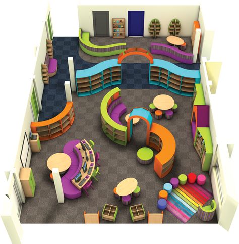 Fun Library Design, Open Classroom Design, School Library Furniture Design, Childrens Library Design, Children’s Library Ideas, Primary School Library Ideas, Primary School Classroom Design, Children’s Library, Funky Library