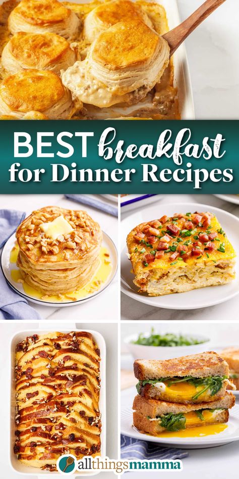 breakfast recipes in a 5-image collage template showing, biscuits and gravy casserole, peanut butter pancakes stacked, a serving of breakfast casserole with bacon, brioche french toast casserole, and egg and cheese sandwich cut in half stacked and sitting on a white round plate Breakfast Night Ideas, Best Breakfast For Dinner Ideas, Pancake Dinner Ideas, Breakfast For Supper Ideas, Breakfast Ideas For Dinner, Easy Breakfast For Dinner, Breakfast Dinner Ideas, Breakfast For Dinner Recipes, Breakfast For Dinner Ideas