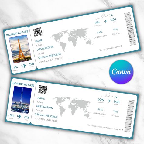 "🌟 **Editable Boarding Pass Canva Template - Surprise Adventure 🛫 Surprise your loved ones with an incredible Editable Boarding Pass Canva template, designed to make birthdays, anniversaries, and special occasions even more memorable. This template offers a fantastic gift idea that is sure to thrill your partner, parents, and friends. By customizing the features, you can create a personalized Editable Boarding Pass, adding an extra touch of excitement to your surprise experience. 🎁 **WHAT IS Boarding Pass Design, Boarding Pass Template, Airline Ticket, Birthday Card Drawing, Airplane Tickets, Card Drawing, Birthday Surprise, Work Ideas, Glossy Photo Paper