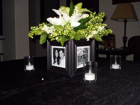 Photo Centerpieces, Dollar Diy, Table Centerpieces Diy, Photo Table, Cheap Table, Diy Wedding Table, Memorial Ideas, Dinner Decoration, Birthday Table