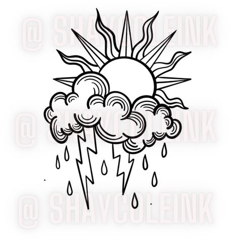 Sun tattoo, storm tattoo, American traditional tattoo, fine line tattoo, unique ,art, tattoo artist Cloud With Thunder Tattoo, Rain And Sun Tattoo Ideas, Storm Tattoo Traditional, I Have Always Been A Storm Tattoo, Storm And Sun Tattoo, Sun And Clouds Tattoo Design, Weather The Storm Tattoo, Stormcloud Tattoo, Sun And Rain Tattoo