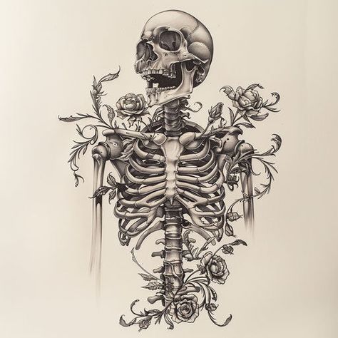 Artistic Skeleton Tattoo Sketches Large Skeleton Tattoo, High Tattoos For Women, Floral Skeleton Tattoo, Skeleton Hand With Flowers, Victorian Style Tattoos, Sketch Halloween, Floral Skull Tattoos, Private Tattoos, Skeleton Tattoo