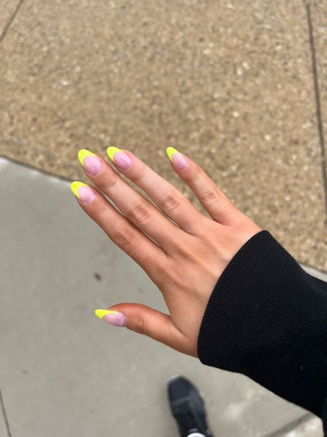 Highlighter Yellow French Tip Nails, Neon Yellow French Tip, Neon Yellow French Tip Nails, Neon Yellow Acrylic Nails, Natural Nails Long, Neon French Tips, Yellow French Tip, Colored French Tips, Acrylic Nails Almond Shape